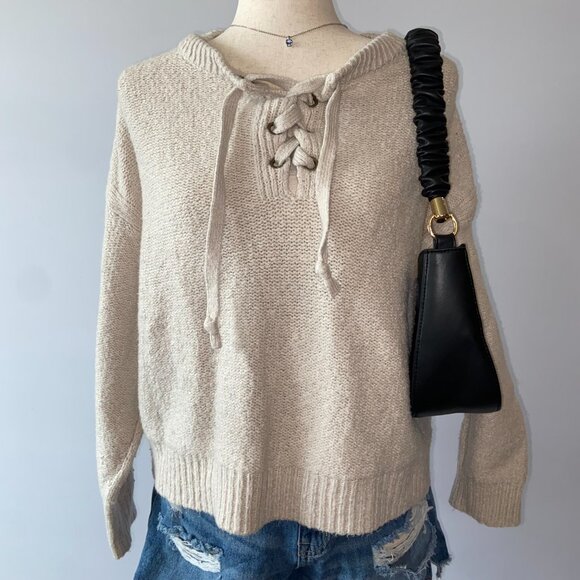 American Eagle Soft Beige Crew Neck Sweater With Lace Tie Front Design Size XL - Picture 3 of 7